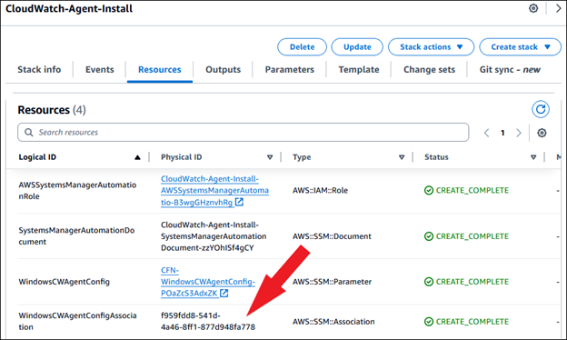 CloudFormation resources – Find the Physical ID for the Systems Manager Association.