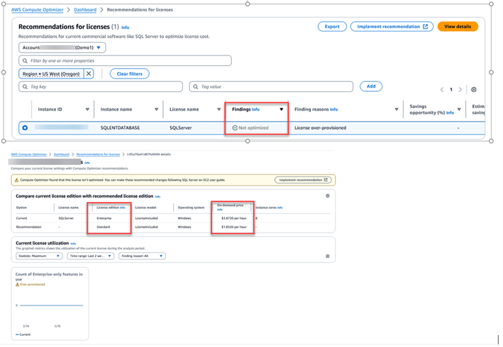 AWS Compute Optimizer service licensing recommendation details