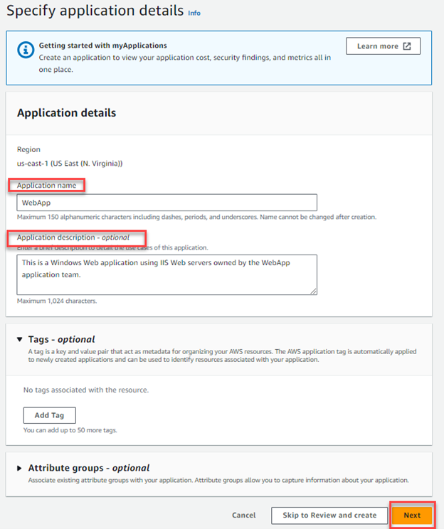 AWS myApplications dashboard application details