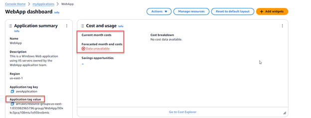 AWS myApplications initial dashboard 