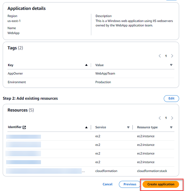 AWS myApplications review and create configuration