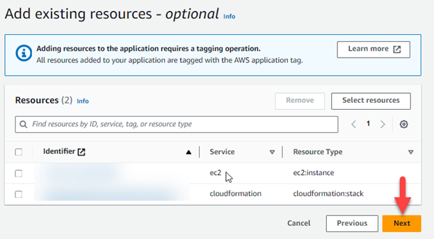 Adding existing resources using AWS CloudFormation template in myApplications