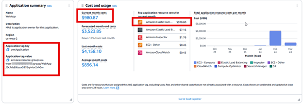 Optimize AWS EC2 instances AWS myApplications dashboard Cost and usage widget