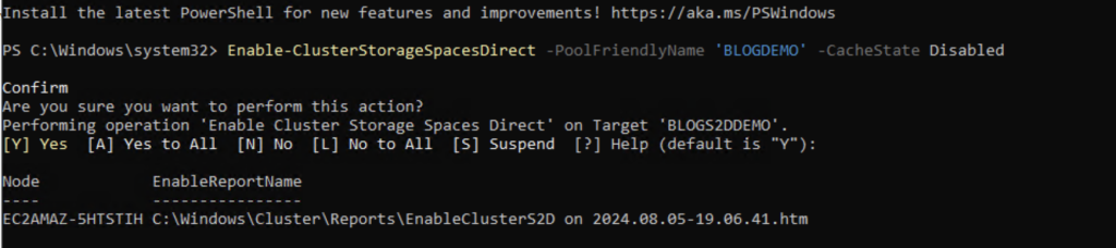 Enabling Storage Spaces Direct with Powershell command to create the BLOGDEMO storage pool