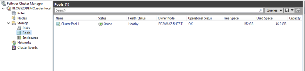 New BLOGDEMO storage pool visible in Failover Cluster Manager administration tool