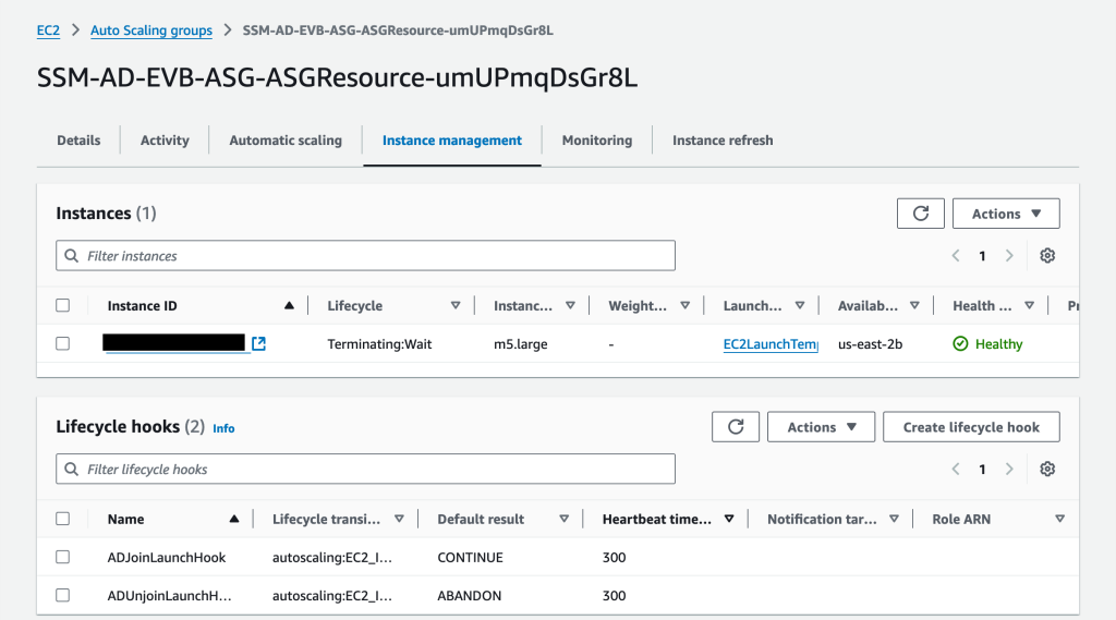 Figure 12 - Example of an Amazon EC2 instance in a Terminating:Wait lifecycle. EventBridge will initiate the Systems Manager Automation runbook to perform an AD domain unjoin activity.