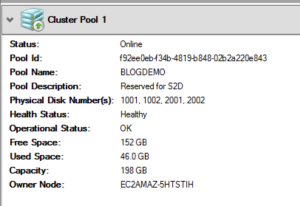 Failover Cluster Manager administration tool detailed view of newly created BLOGDEMO storage pool 