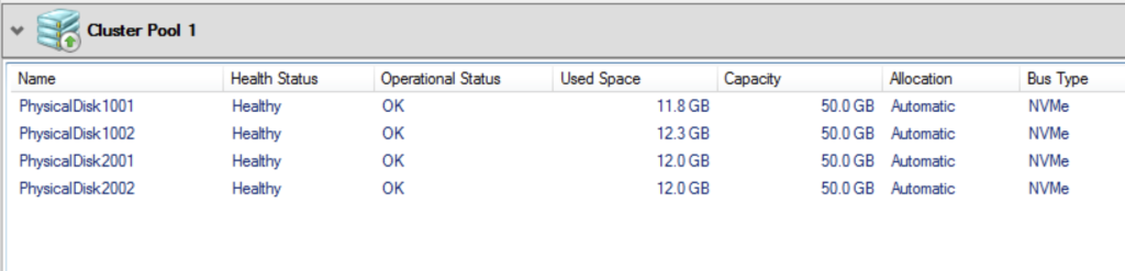 Failover Cluster Manager administration tool detailed view of physical disks supporting BLOGDEMO storage pool