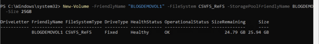 Powershell command for creating new BLOGDEMOVOL1 volume from the BLOGDEMO storage pool.