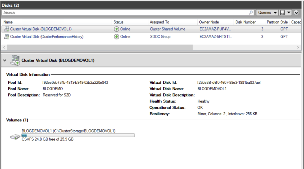 Viewing the newly created BLOGDEMOVOL1 CSV in Failover Cluster Manager tool