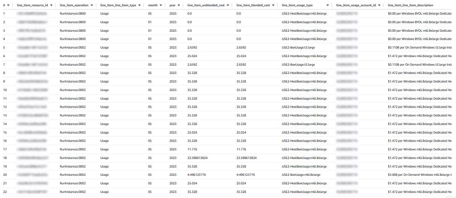 A screenshot for the output of the AWS CUR query.