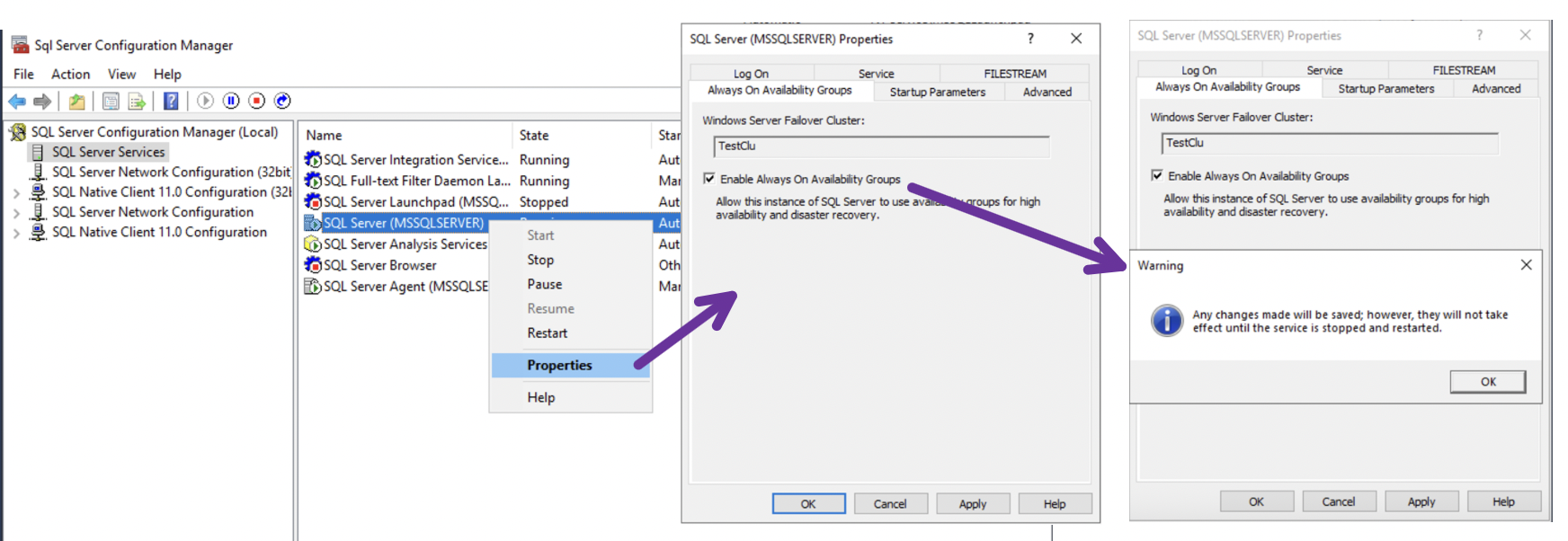 SQL Server Configuration Manager showing 'AlwaysOn Availability Groups' feature being enabled in SQL Server properties