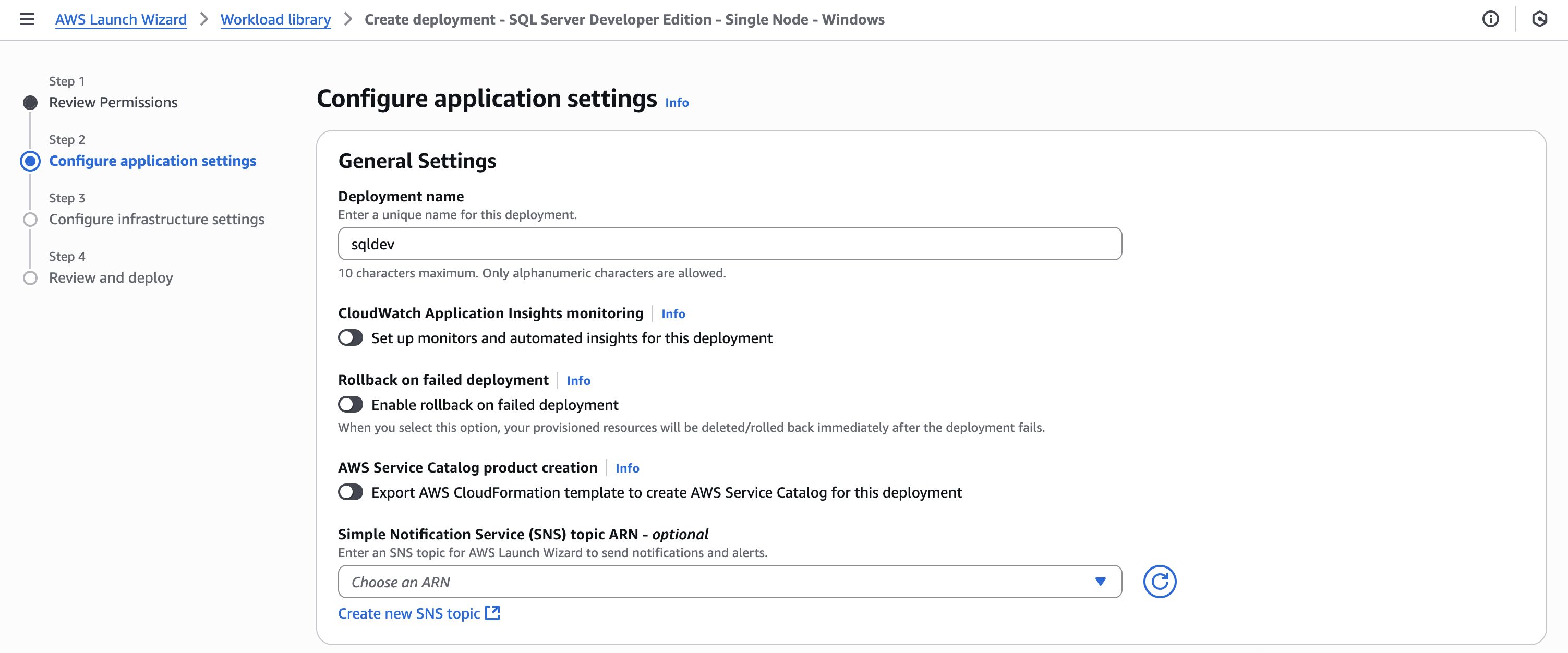 AWS Launch Wizard SQL developer deployment application settings