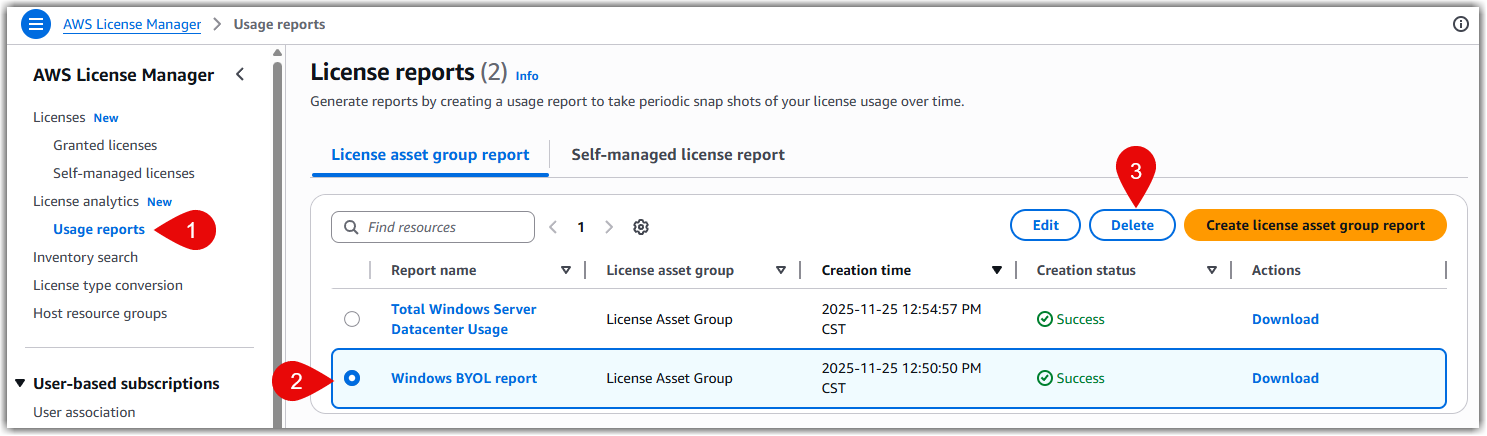 Deleting a license asset group usage report.