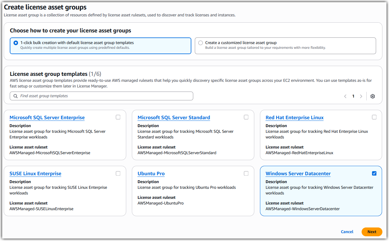 Creating a license asset group using AWS-managed rulesets to discover Windows Server licenses.