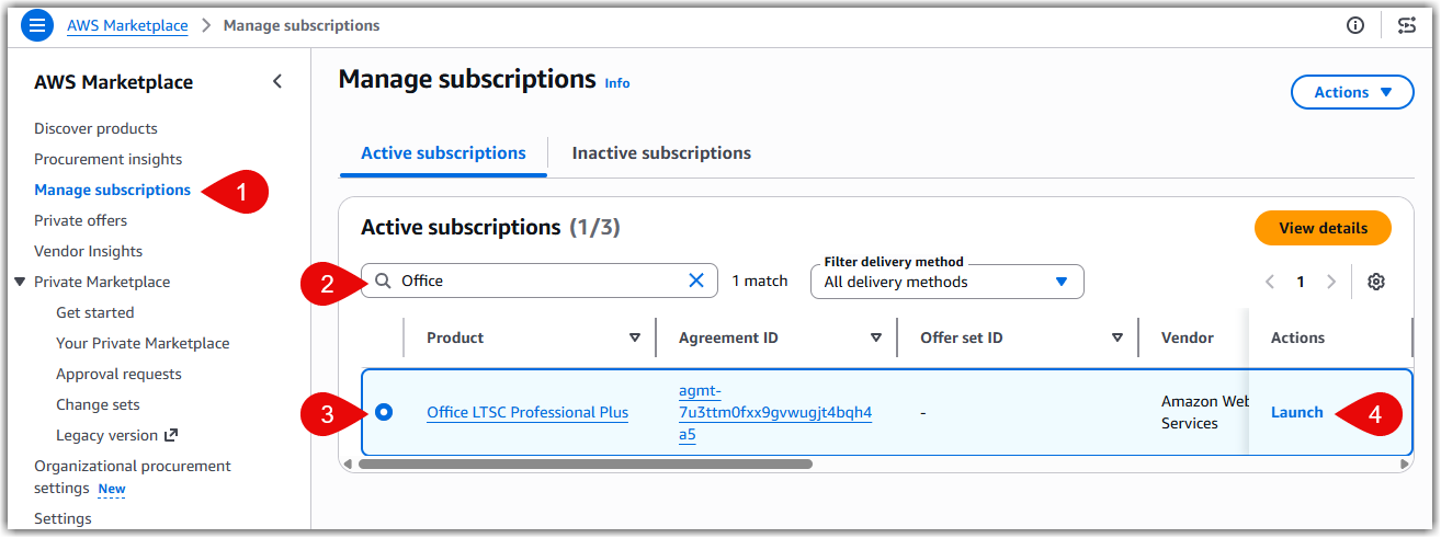 Selecting the Office LTSC product to begin launching an EC2 instance.