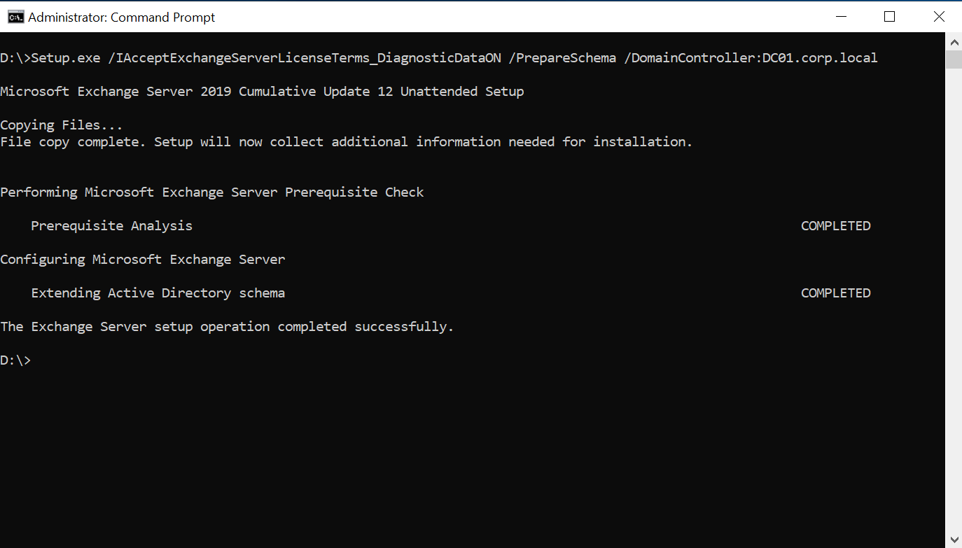 This command line screen shows the prepare schema command output