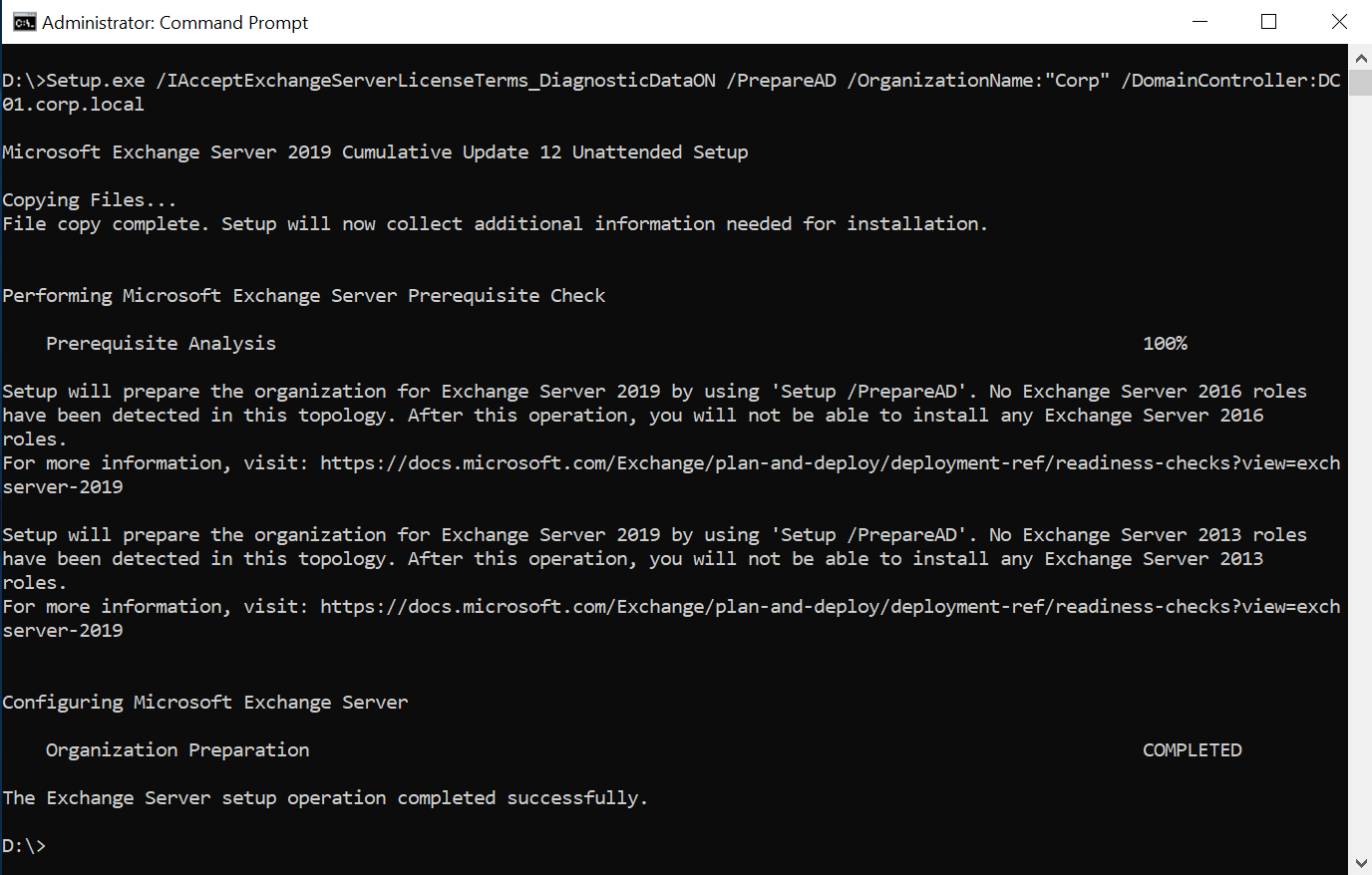 This command line screen shows the prepare AD command output