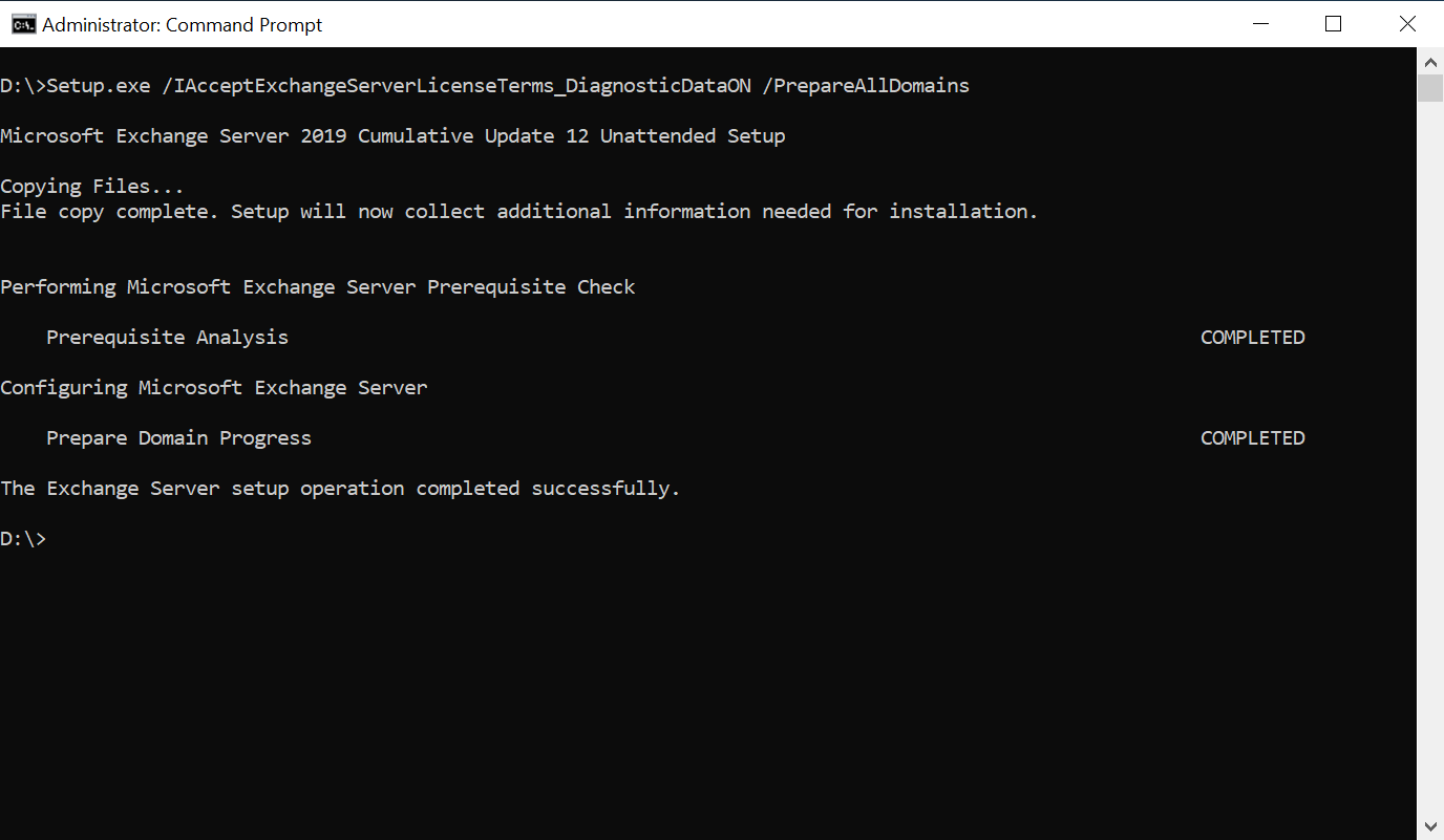This command line screen shows the prepare all domains command output