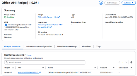 EC2 Image Builder showing a completed Office LTSC golden AMI with Available status and the EC2 console Launch Instance page using the golden AMI for deployment.