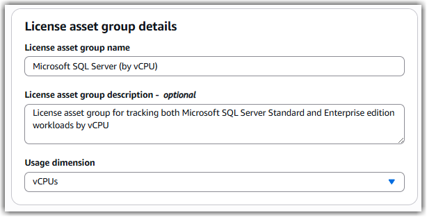 License asset group details selecting vCPUs as the usage dimension. 