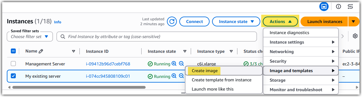 Creating an AMI within the AWS EC2 console.