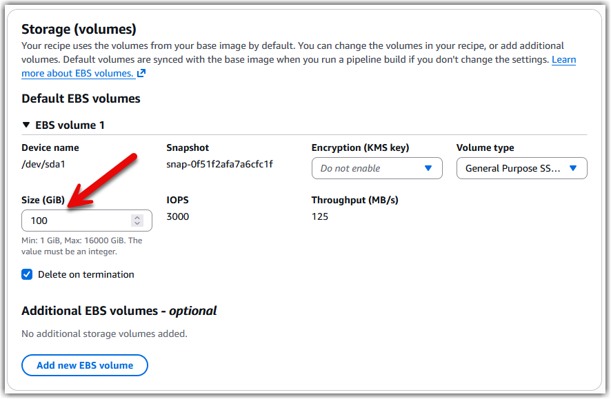 Increase the EBS volume size to 100 GiB