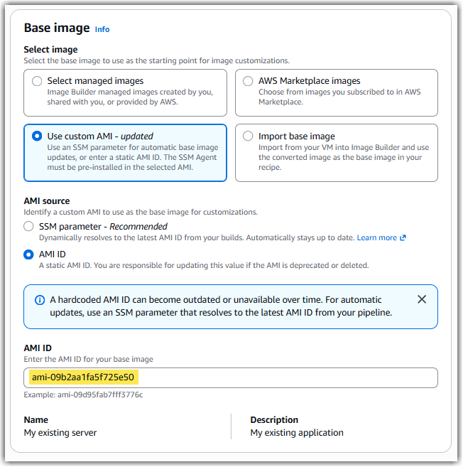 Using a custom AMI for the base image