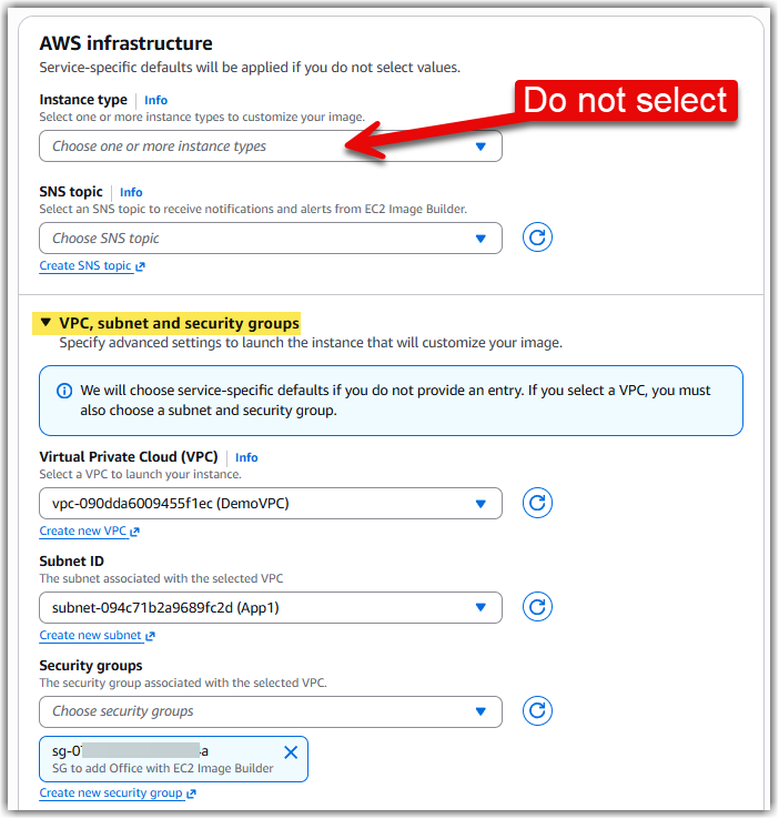 Specifying the VPC settings in the Infrastructure Configuration
