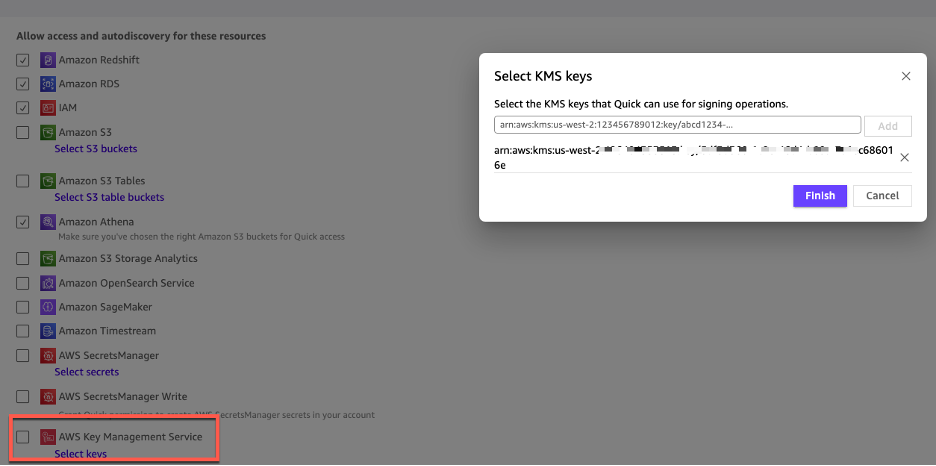 Figure 10. Define the KMS key that Quick can use for signing operations