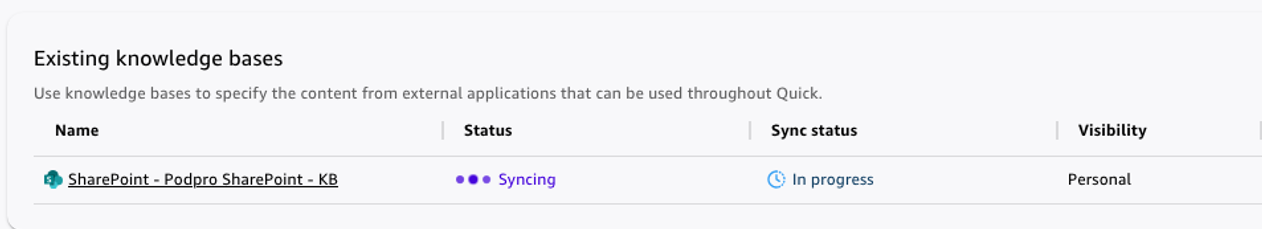 Figure 15. Synchronizing SharePoint and Quick knowledge base