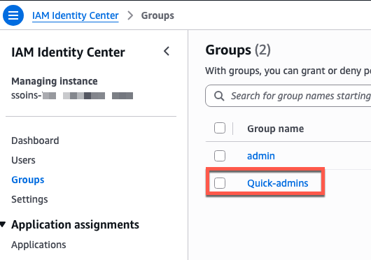 Figure 2. IAM Group for Quick-admins