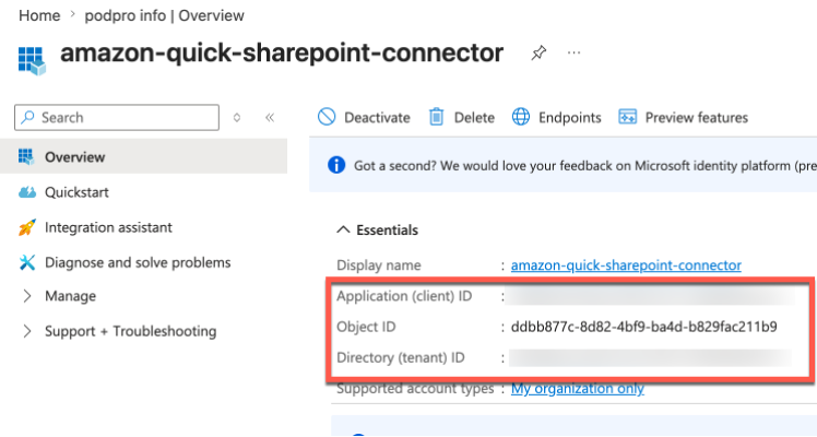 Figure 5. Quick-SharePoint connector in Azure
