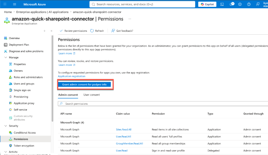 Figure 7. Grant admin consent in Azure portal