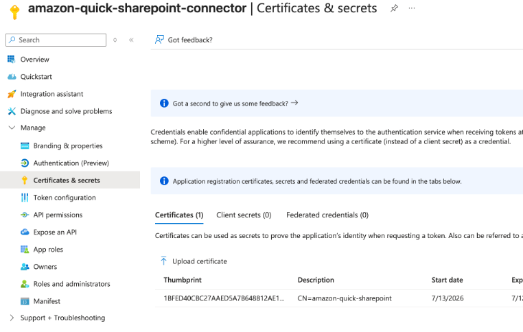 Figure 8. Upload the certificate in Azure portal