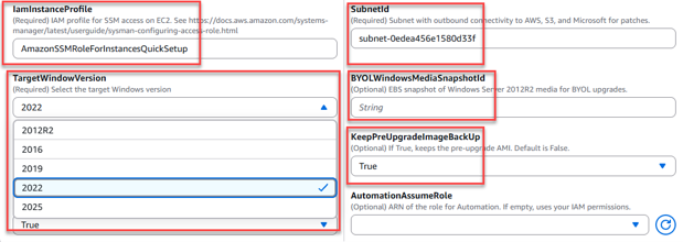 Figure 14. Alt-Text – Select the Windows in-place upgrade parameters in the automation console.