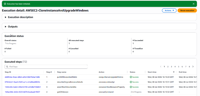 Figure 15. Alt-Text – Execution detail in the AWS Systems Manager Execution detail screen