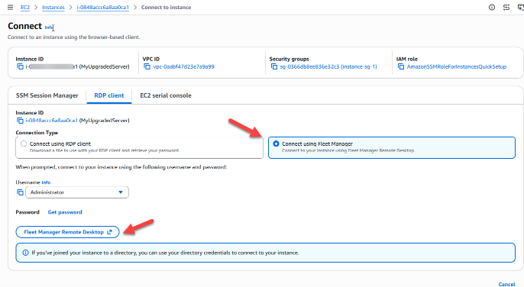Figure 19. Alt-Text – Connecting to the instance via Fleet Manager Remote Desktop