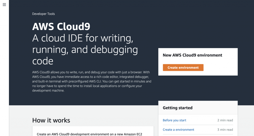 The AWS Cloud9 homepage in the AWS console.