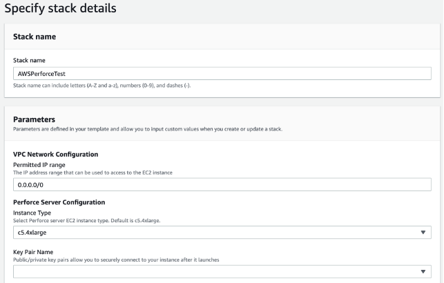 Screenshot of "Specify stack details" section