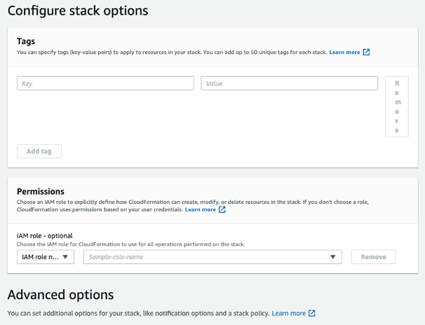 Screenshot of "Configure stack options" page