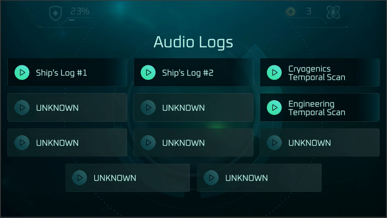 Screenshot of the Audio Logs screen in The Vortex