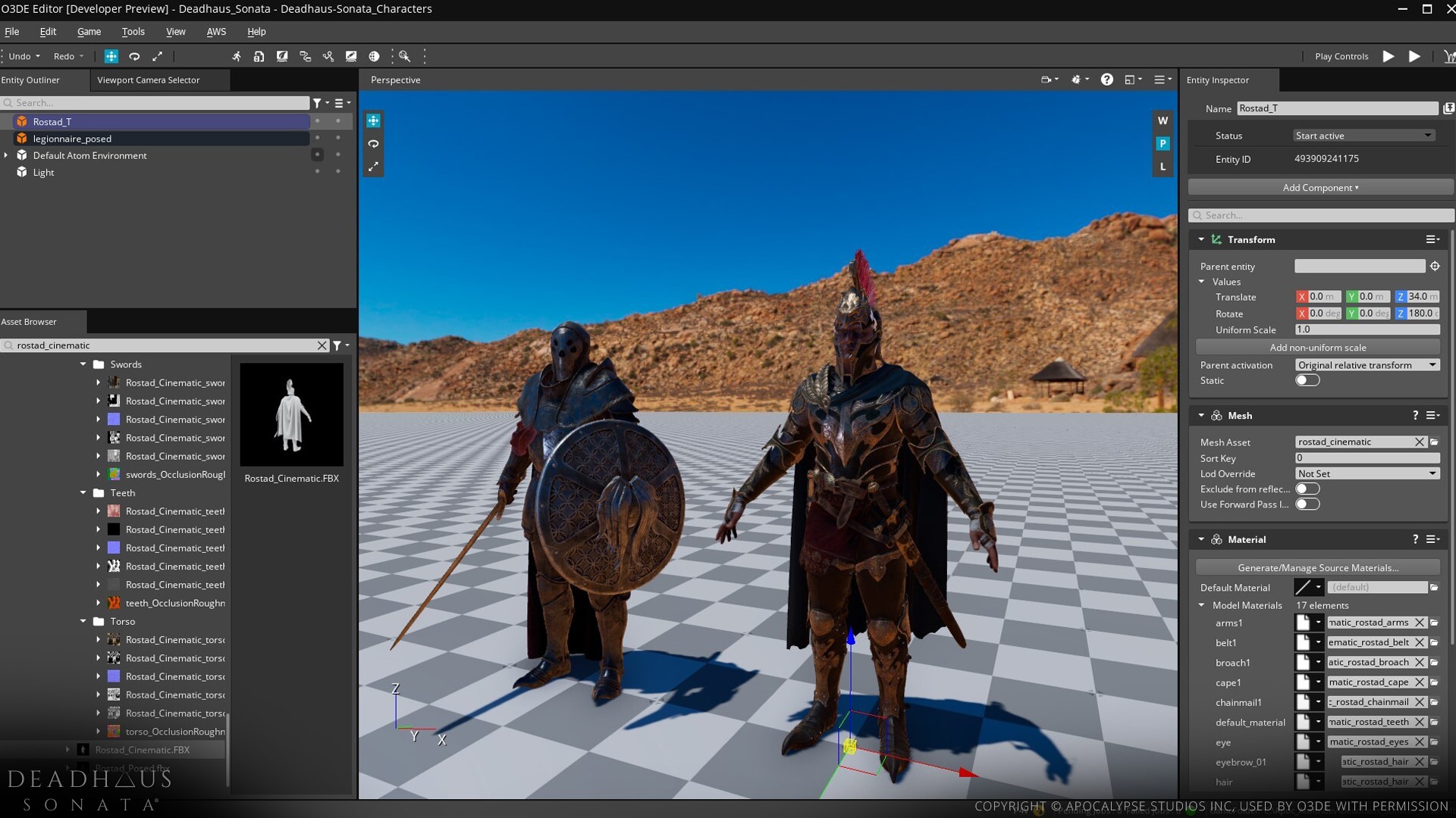 Apocalypse Studios character models in the O3DE Editor.