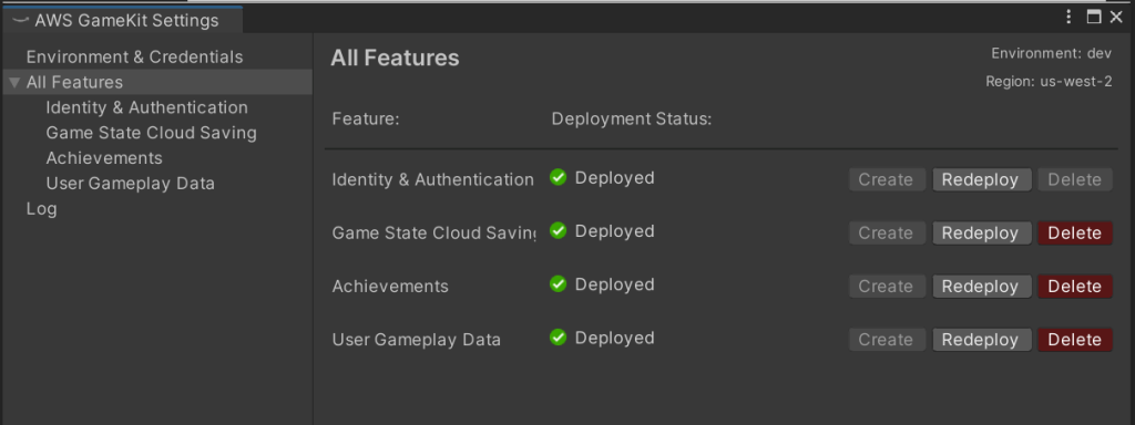 Settings window that shows the status of deployment of each game backend feature