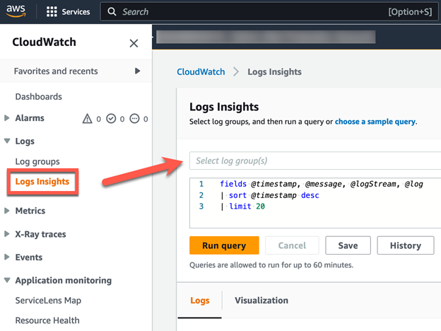 CloudWatch Log Insights query below