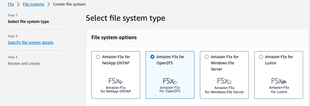 Select File System type in Amazon FSx.