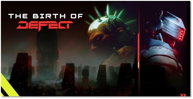 Promotional artwork for DEFECT titled 'The Birth of DEFECT' featuring a damaged Statue of Liberty with glowing green energy emanating from its crown, alongside a futuristic soldier with a glowing red visor, set against a dark cityscape silhouette.