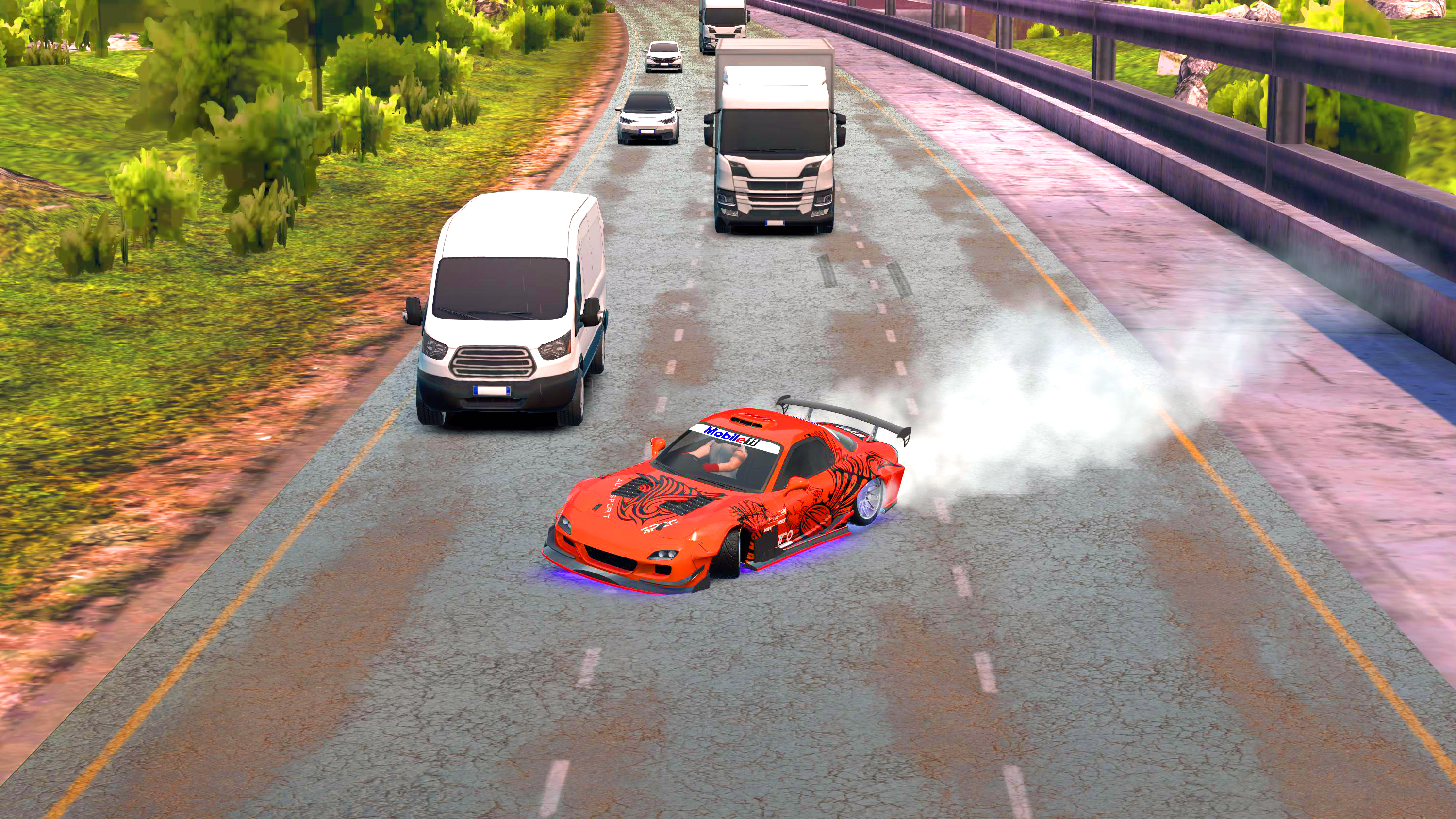 Driver in red race car speeding down roadway and dodging other white vans, trucks and vehicles.