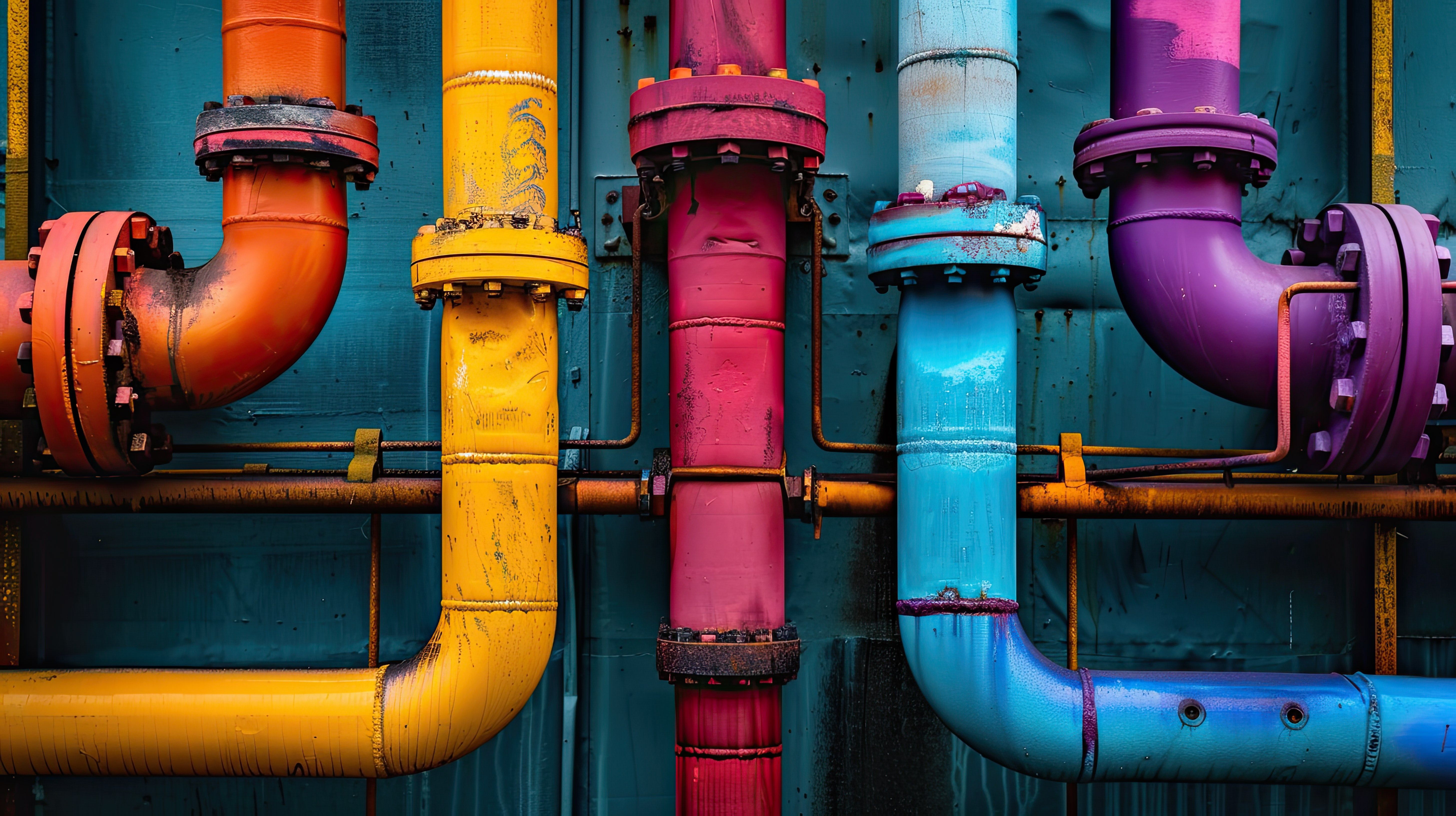 Colorful but old gas pipes with rust. Symmetrical industrial shot