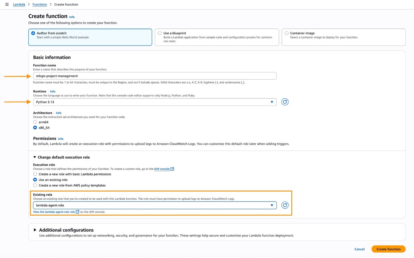 AWS Lambda function creation interface. The page shows a form with three creation options at the top: 'Author from scratch' (which is selected), 'Use a blueprint', and 'Container image'. In the Basic Information section, the function name field contains 'mlops-project-management', the Runtime dropdown shows 'Python 3.13' is selected, and the Architecture section has 'x86_64' selected. In the Permissions section, 'Use an existing role' is selected with 'lambda-agent-role' chosen from a dropdown. Breadcrumb navigation at the top shows 'Lambda > Functions > Create function', and there's a blue 'Create function' button in the bottom right corner of the interface.